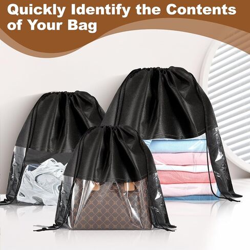 20 PCS Dustproof Drawstring Bags, Breathable Non-Woven Drawstring Dust Covers, Purses Organizers Storage Bags with Clear Window, Dust Bag for Handbags Shoes Purses Covers, Black in Saudi Arabia