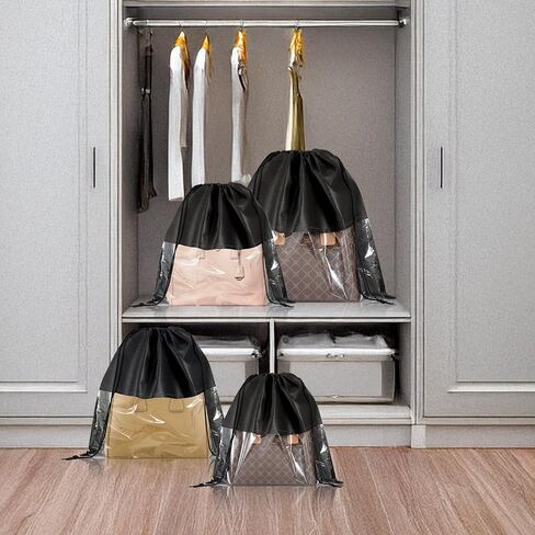 20 PCS Dustproof Drawstring Bags, Breathable Non-Woven Drawstring Dust Covers, Purses Organizers Storage Bags with Clear Window, Dust Bag for Handbags Shoes Purses Covers, Black in Saudi Arabia