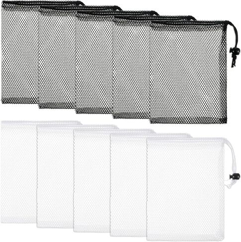 Small Mesh Bags Drawstring, 10PCS Black Mesh Drawstring Bag 7.87x5.9 Inch Nylon Net Pouches Mini Drawstrings Bag for Travel Storage, Toy,Sports Storage,Outdoor activities (Black & White) in Kuwait