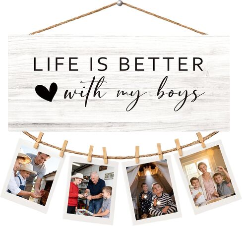 Life Is Better With My Kids Photo Holder Sign – 12 x 6 Inch Wooden Picture Display Board with Clips, Farmhouse Family Wall Decor for Home in Saudi Arabia