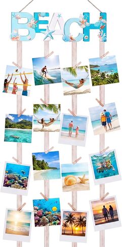 Honoson Beach Hanging Photo Display Holder with 30 Clips (10 Shell Clips), Coastal Picture Frames Collage Wooden Frames Picture Organizer for Home Decor Collage Display Postcards Holiday Cards in Kuwait