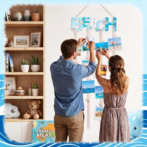 Honoson Beach Hanging Photo Display Holder with 30 Clips (10 Shell Clips), Coastal Picture Frames Collage Wooden Frames Picture Organizer for Home Decor Collage Display Postcards Holiday Cards in Kuwait