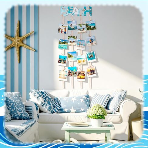 Honoson Beach Hanging Photo Display Holder with 30 Clips (10 Shell Clips), Coastal Picture Frames Collage Wooden Frames Picture Organizer for Home Decor Collage Display Postcards Holiday Cards in Kuwait