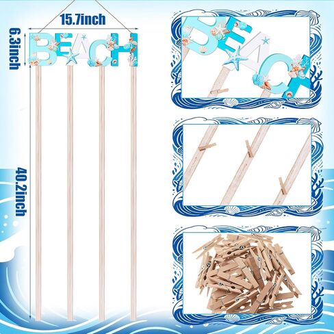 Honoson Beach Hanging Photo Display Holder with 30 Clips (10 Shell Clips), Coastal Picture Frames Collage Wooden Frames Picture Organizer for Home Decor Collage Display Postcards Holiday Cards in Kuwait