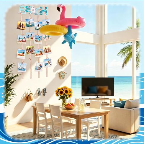 Honoson Beach Hanging Photo Display Holder with 30 Clips (10 Shell Clips), Coastal Picture Frames Collage Wooden Frames Picture Organizer for Home Decor Collage Display Postcards Holiday Cards in Kuwait
