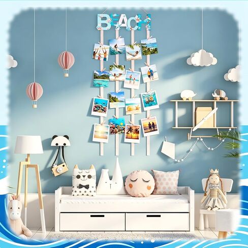 Honoson Beach Hanging Photo Display Holder with 30 Clips (10 Shell Clips), Coastal Picture Frames Collage Wooden Frames Picture Organizer for Home Decor Collage Display Postcards Holiday Cards in Kuwait