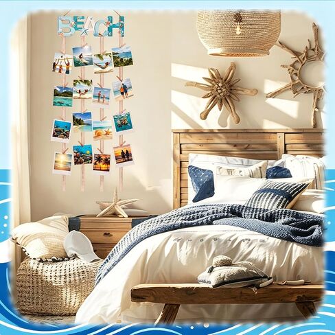 Honoson Beach Hanging Photo Display Holder with 30 Clips (10 Shell Clips), Coastal Picture Frames Collage Wooden Frames Picture Organizer for Home Decor Collage Display Postcards Holiday Cards in Kuwait