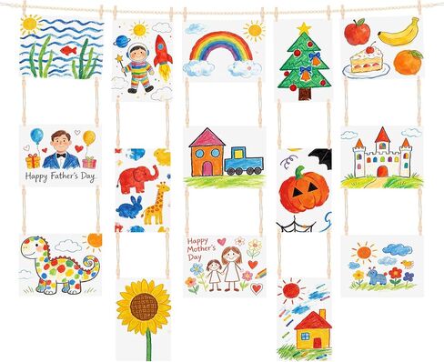 Kids Art Display Wall Decor-Kids Art Hanging Display with 34 Clips,Boho Wooden Beads for Drawings,Crafts and School Artwork in Kuwait