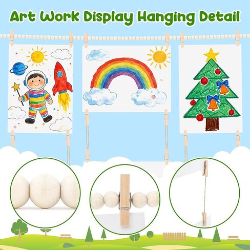 Kids Art Display Wall Decor-Kids Art Hanging Display with 34 Clips,Boho Wooden Beads for Drawings,Crafts and School Artwork in Kuwait