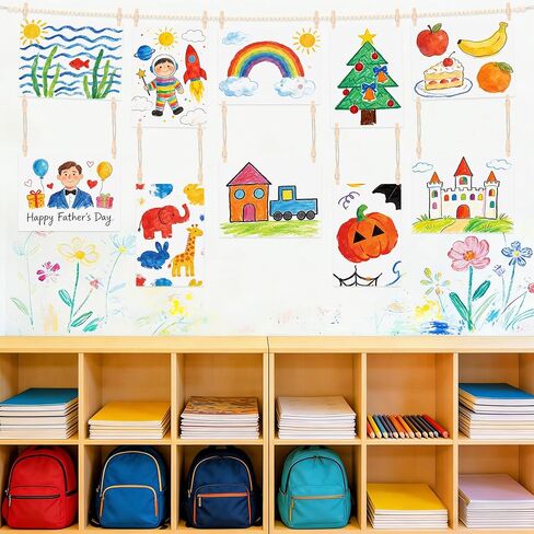 Kids Art Display Wall Decor-Kids Art Hanging Display with 34 Clips,Boho Wooden Beads for Drawings,Crafts and School Artwork in Kuwait