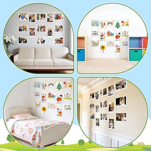 Kids Art Display Wall Decor-Kids Art Hanging Display with 34 Clips,Boho Wooden Beads for Drawings,Crafts and School Artwork in Kuwait