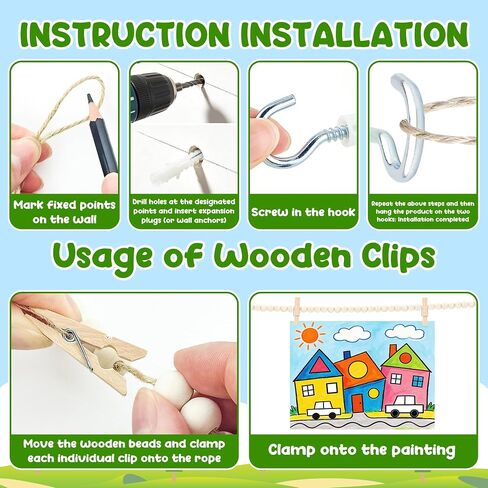 Kids Art Display Wall Decor-Kids Art Hanging Display with 34 Clips,Boho Wooden Beads for Drawings,Crafts and School Artwork in Kuwait