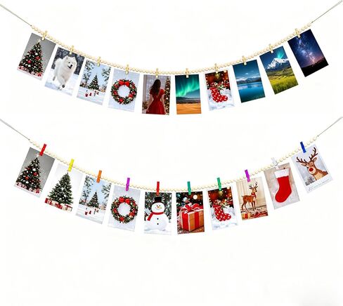 Hanging Photo Display with Clips Wall Decor, Boho Wooden Beads Garland Picture Banner, Collage Card Kids Art Holder Photo String with 10 Clips for Room Dorm Decor, Christmas Teen Girl Gifts (2pcs) in Saudi Arabia