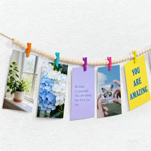 Hanging Photo Display with Clips Wall Decor, Boho Wooden Beads Garland Picture Banner, Collage Card Kids Art Holder Photo String with 10 Clips for Room Dorm Decor, Christmas Teen Girl Gifts (2pcs) in Saudi Arabia