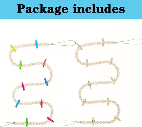 Hanging Photo Display with Clips Wall Decor, Boho Wooden Beads Garland Picture Banner, Collage Card Kids Art Holder Photo String with 10 Clips for Room Dorm Decor, Christmas Teen Girl Gifts (2pcs) in Saudi Arabia