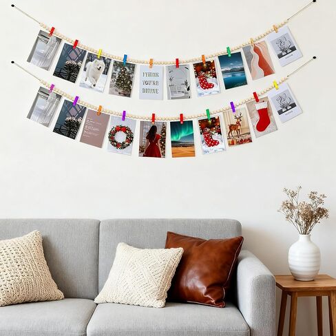 Hanging Photo Display with Clips Wall Decor, Boho Wooden Beads Garland Picture Banner, Collage Card Kids Art Holder Photo String with 10 Clips for Room Dorm Decor, Christmas Teen Girl Gifts (2pcs) in Saudi Arabia