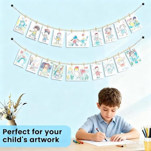Hanging Photo Display with Clips Wall Decor, Boho Wooden Beads Garland Picture Banner, Collage Card Kids Art Holder Photo String with 10 Clips for Room Dorm Decor, Christmas Teen Girl Gifts (2pcs) in Saudi Arabia