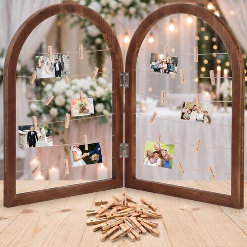 Briwooody 2 Panel 24 x 18 Inch Photo Display Rack with Clips Wooden Arched Picture Collage Frames Board for Farmhouse Wedding Postcard Greeting Card Organizer Holder Home Dorm(Black Walnut) in Kuwait
