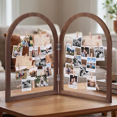 Briwooody 2 Panel 24 x 18 Inch Photo Display Rack with Clips Wooden Arched Picture Collage Frames Board for Farmhouse Wedding Postcard Greeting Card Organizer Holder Home Dorm(Black Walnut) in Kuwait