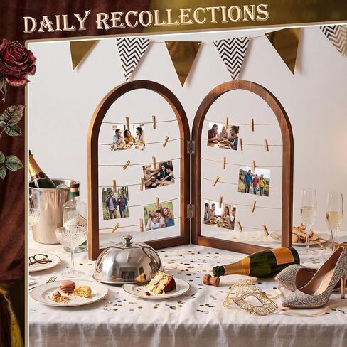 Briwooody 2 Panel 24 x 18 Inch Photo Display Rack with Clips Wooden Arched Picture Collage Frames Board for Farmhouse Wedding Postcard Greeting Card Organizer Holder Home Dorm(Black Walnut) in Kuwait
