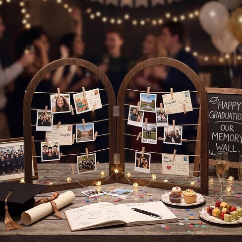 Briwooody 2 Panel 24 x 18 Inch Photo Display Rack with Clips Wooden Arched Picture Collage Frames Board for Farmhouse Wedding Postcard Greeting Card Organizer Holder Home Dorm(Black Walnut) in Kuwait