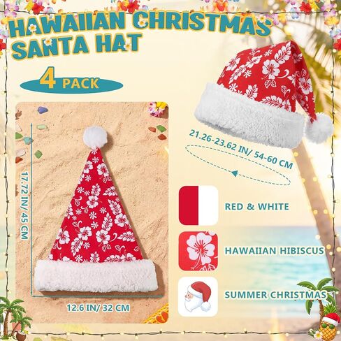 4 Pack Hawaiian Christmas Santa Hat for Christmas in July Tropical Hibiscus Floral Santa Hat for Hawaiian Costume Accessories in Kuwait