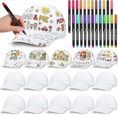 16 Pcs DIY White Baseball Hats Bulk for Adult Adjustable Blank Decorate Your Own Sports Baseball Hat with 24 Color Fabric Markers for Teacher Gift Summer Outdoor in Kuwait