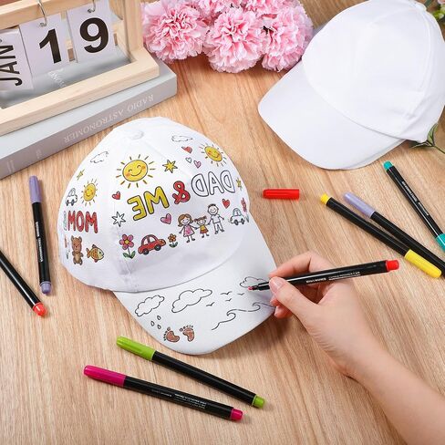 16 Pcs DIY White Baseball Hats Bulk for Adult Adjustable Blank Decorate Your Own Sports Baseball Hat with 24 Color Fabric Markers for Teacher Gift Summer Outdoor in Kuwait