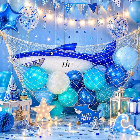 63 Pcs Sharks Week Party Decorations Including 1 Inflatable Shark Balloons 2 Natural Decorative Fish Net 60 Balloons for Under The Sea Ocean Theme Birthday Party Supplies in Saudi Arabia