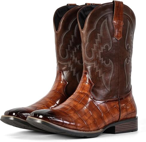 Cowboy Boots for Men Square Toe Western Boots, Pull-On Slip Resistant Boots with Classic Embroidery, Durable Chunky Heel Country Boots for Casual Wear in Saudi Arabia
