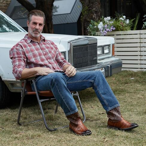 Cowboy Boots for Men Square Toe Western Boots, Pull-On Slip Resistant Boots with Classic Embroidery, Durable Chunky Heel Country Boots for Casual Wear in Saudi Arabia