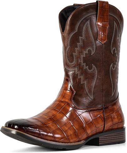 Cowboy Boots for Men Square Toe Western Boots, Pull-On Slip Resistant Boots with Classic Embroidery, Durable Chunky Heel Country Boots for Casual Wear in Saudi Arabia