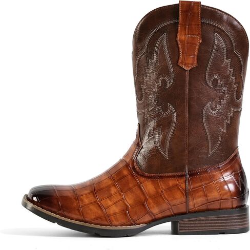 Cowboy Boots for Men Square Toe Western Boots, Pull-On Slip Resistant Boots with Classic Embroidery, Durable Chunky Heel Country Boots for Casual Wear in Saudi Arabia