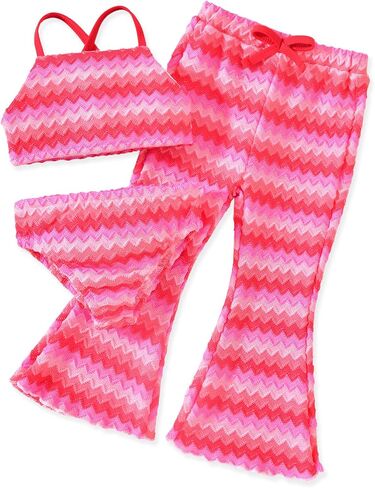 5T Toddler Little Girls Bikini Swimsuit Wave Striped Bathing Suit Set 3 Piece Swimwear with Cover Up Pants Summer Beach Vacation Wear, Red, 5-6 Years in Kuwait