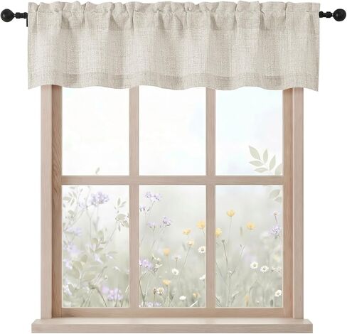 Valance for Windows - Thick Textured Fabric Light Filtering Small Window Valance Kitchen Curtain, Dual Rod Pocket Short Curtain for Cafe Basement Bathroom, Linen Color, 1 Panel, 60Wx12L Inches in Saudi Arabia