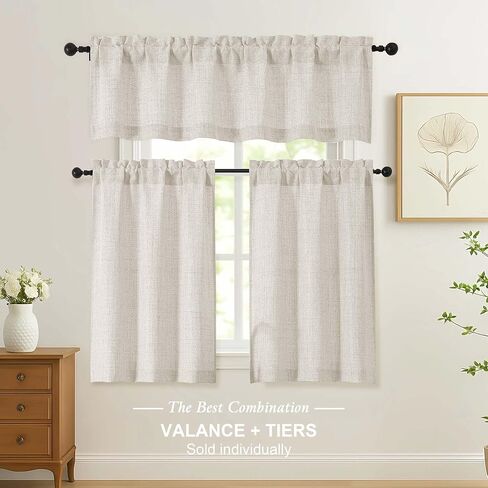Valance for Windows - Thick Textured Fabric Light Filtering Small Window Valance Kitchen Curtain, Dual Rod Pocket Short Curtain for Cafe Basement Bathroom, Linen Color, 1 Panel, 60Wx12L Inches in Saudi Arabia