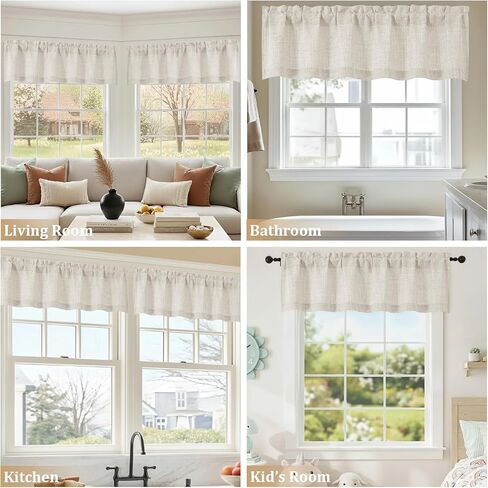 Valance for Windows - Thick Textured Fabric Light Filtering Small Window Valance Kitchen Curtain, Dual Rod Pocket Short Curtain for Cafe Basement Bathroom, Linen Color, 1 Panel, 60Wx12L Inches in Saudi Arabia