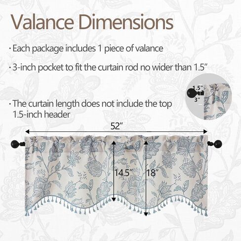 Scalloped Valance for Windows - Light Filtering Faux Linen Flower Printed Window Valance with Tassels, Farmhouse Small Curtain for Dining Room Bathroom, 1 Piece, 52Wx18L Inches, Dusty Blue in Saudi Arabia
