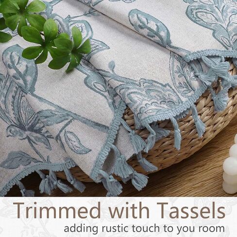Scalloped Valance for Windows - Light Filtering Faux Linen Flower Printed Window Valance with Tassels, Farmhouse Small Curtain for Dining Room Bathroom, 1 Piece, 52Wx18L Inches, Dusty Blue in Saudi Arabia