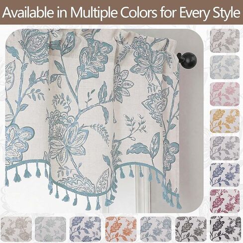 Scalloped Valance for Windows - Light Filtering Faux Linen Flower Printed Window Valance with Tassels, Farmhouse Small Curtain for Dining Room Bathroom, 1 Piece, 52Wx18L Inches, Dusty Blue in Saudi Arabia