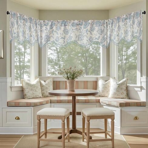 Scalloped Valance for Windows - Light Filtering Faux Linen Flower Printed Window Valance with Tassels, Farmhouse Small Curtain for Dining Room Bathroom, 1 Piece, 52Wx18L Inches, Dusty Blue in Saudi Arabia