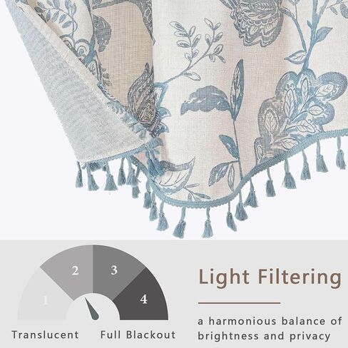 Scalloped Valance for Windows - Light Filtering Faux Linen Flower Printed Window Valance with Tassels, Farmhouse Small Curtain for Dining Room Bathroom, 1 Piece, 52Wx18L Inches, Dusty Blue in Saudi Arabia