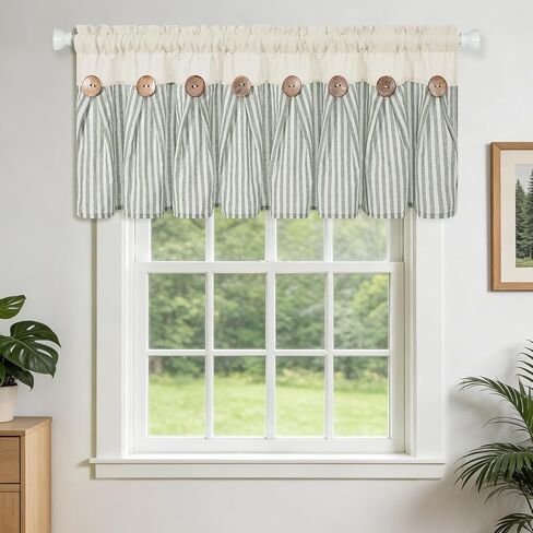 BLEUM CADE Farmhouse Valances for Windows, Cotton Linen Kitchen Curtains Valance, Boho Small Window Curtains for Kitchen, Bathroom, Cafe, Green Stripe Valance with Rustic Buttons, 52 x 18 Inch in Saudi Arabia