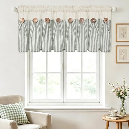 BLEUM CADE Farmhouse Valances for Windows, Cotton Linen Kitchen Curtains Valance, Boho Small Window Curtains for Kitchen, Bathroom, Cafe, Green Stripe Valance with Rustic Buttons, 52 x 18 Inch in Saudi Arabia