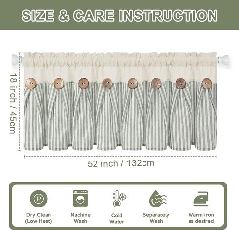 BLEUM CADE Farmhouse Valances for Windows, Cotton Linen Kitchen Curtains Valance, Boho Small Window Curtains for Kitchen, Bathroom, Cafe, Green Stripe Valance with Rustic Buttons, 52 x 18 Inch in Saudi Arabia