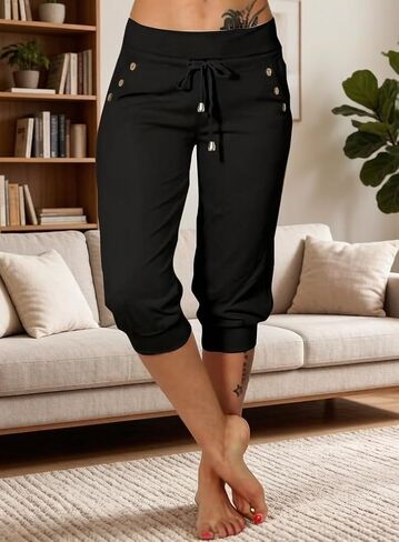Patterned Capri Pants, Casual Drawstring Cropped Trousers, Breathable Workout Joggers for Active & Loungewear in Kuwait