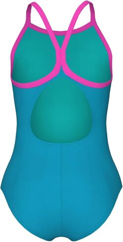 ARENA Feel Girls' Junior Solid Light Drop Back Swimsuit Thin Straps Chlorine Resistant Quick Drying Comfortable One Piece Bathing Suit, Eyeblush Blue/Shocking Pink, US Size 6Y/24 in Kuwait