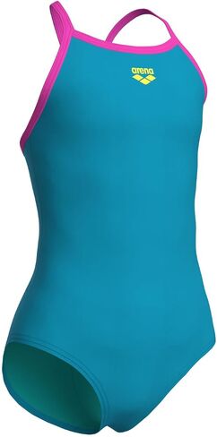 ARENA Feel Girls' Junior Solid Light Drop Back Swimsuit Thin Straps Chlorine Resistant Quick Drying Comfortable One Piece Bathing Suit, Eyeblush Blue/Shocking Pink, US Size 6Y/24 in Kuwait