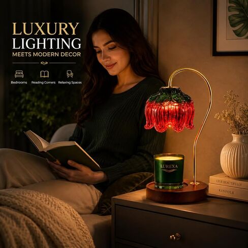 Candle Warmer Lamp with Timer, Dimmable Wax Melt Lamp for Large & Standard Jar Candles, Includes 2 GU10 Bulbs, Elegant Vintage Home Decor Gift for Women & Mom (A1-Green Red Lotus) in Kuwait