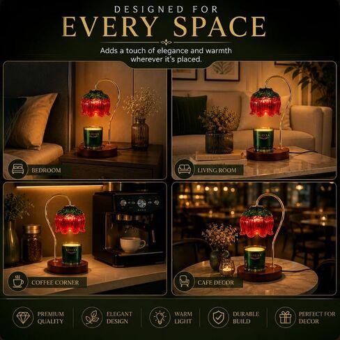 Candle Warmer Lamp with Timer, Dimmable Wax Melt Lamp for Large & Standard Jar Candles, Includes 2 GU10 Bulbs, Elegant Vintage Home Decor Gift for Women & Mom (A1-Green Red Lotus) in Kuwait